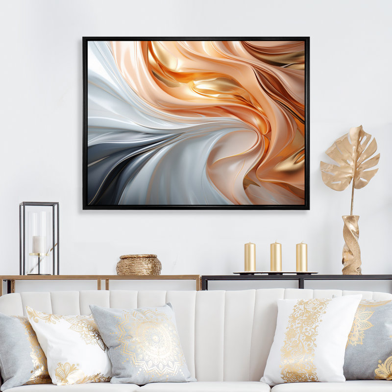 Art liquide en mouvement en rose doré et bleu - formes murales abstraites, H 16 po x l 32 po, Cadre flottant noir