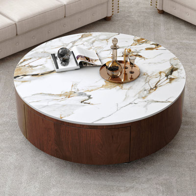 Table basse ronde en bois avec plateau en faux marbre