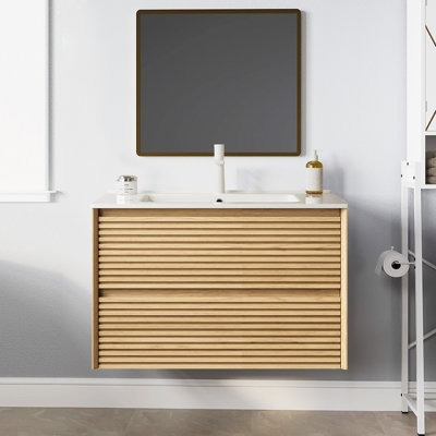 Meuble-lavabo de salle de bain avec lavabo, armoire de rangement murale en contreplaqué flottant, lavabo en céramique blanche, couleur grain de bois chêne Corolla (robinet non inclus)