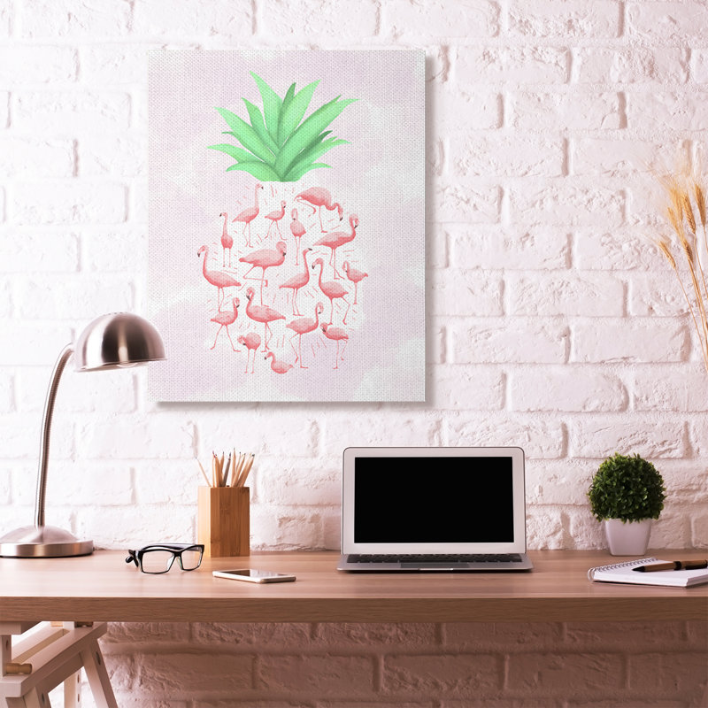 « flamant rose ananas animal rose design », impression, H 48 po x l 36 po, Toile tendue