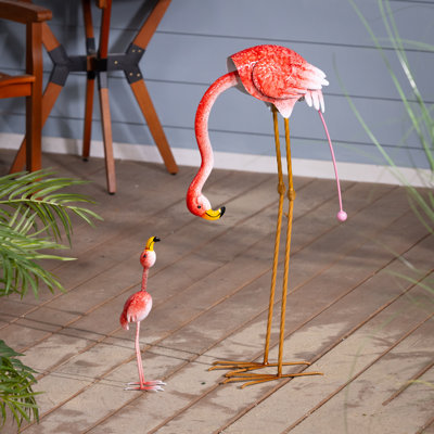 Flamingo Mom Balancer with Wobble Flamingo Baby Metal Garden Statue Set, 31.5in