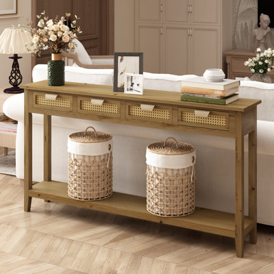  Abrytha 60“ Farmhouse Long Console Table with 4 Rattan Drawers and Shelf,Entry Table for Entryway