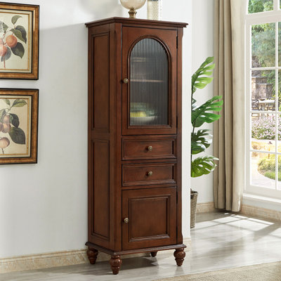 Armoire haute vintage en frêne massif avec portes en verre arquées et deux tiroirs, armoire de rangement multifonctionnelle pour le côté télé, salon, salle à manger et vestibule