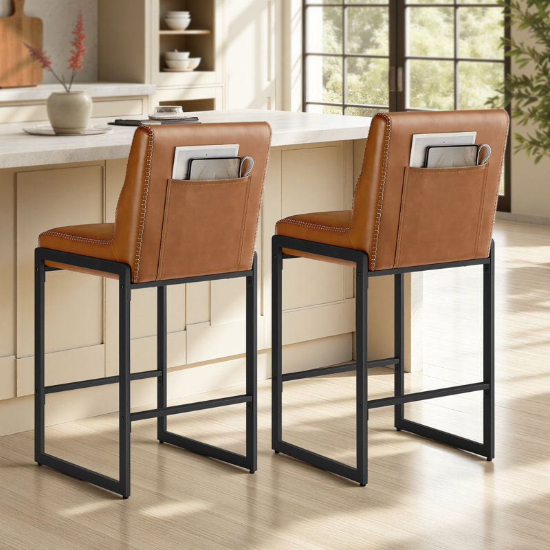 Chaises de bar 26,4 pouces avec coutures, similicuir, brun, Brun caramel