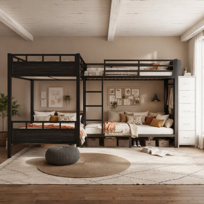 Quad Twin Metal Bunk Bed with Storage Drawers, 4 Twin Bed Frame with Built-in Wardrobe and Open Shelves, Metal Bed with Non-Woven Fabric Drawers, Black