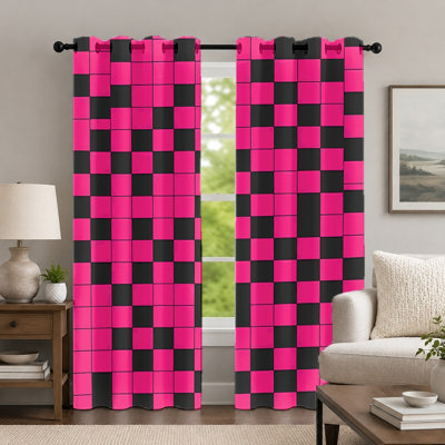 Ensemble de 2 rideaux à carreaux tendance, style géométrique, imprimé géométrique contemporain aux couleurs vives, à œillets, idéal pour la décoration de chambre et de salon.