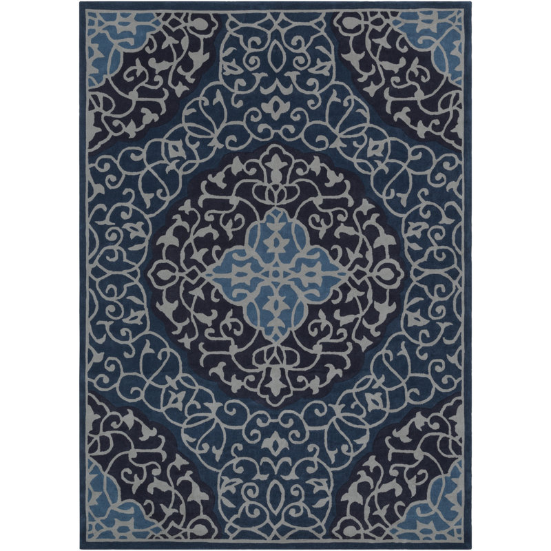 Tapis bleu marine/gris clair/aqua oriental fait main touffeté Spenser, Rectangle 9 pi x 13 pi