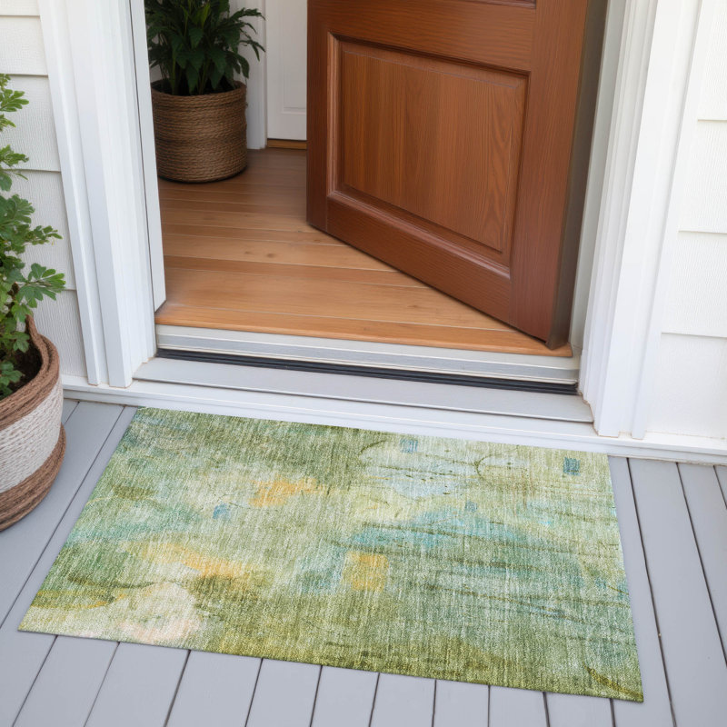 Machine Washable Indoor/Outdoor Xhevrie Sage Rug, Rectangle 1'8" x 2'6"