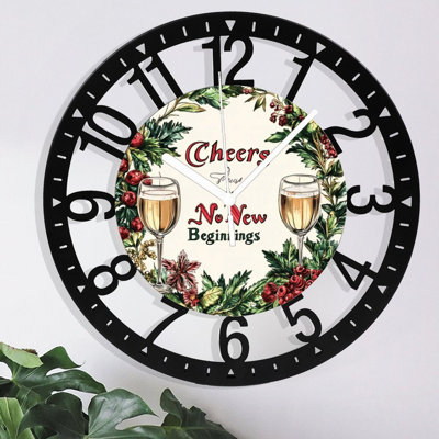 Horloge murale en métal pour le salon - Verres «Cheers To No New Beginnings» silencieux et silencieux, fonctionnant à piles, horloges antiques pour maison de campagne, chambre à coucher, cuisine - chiffres arabes