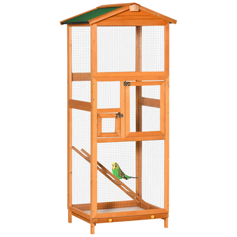 Volière en bois orange avec cage à oiseaux - 65 po, avec 2 portes, plateau coulissant, pour perroquets et perruches, espace de vie étanche à l'eau