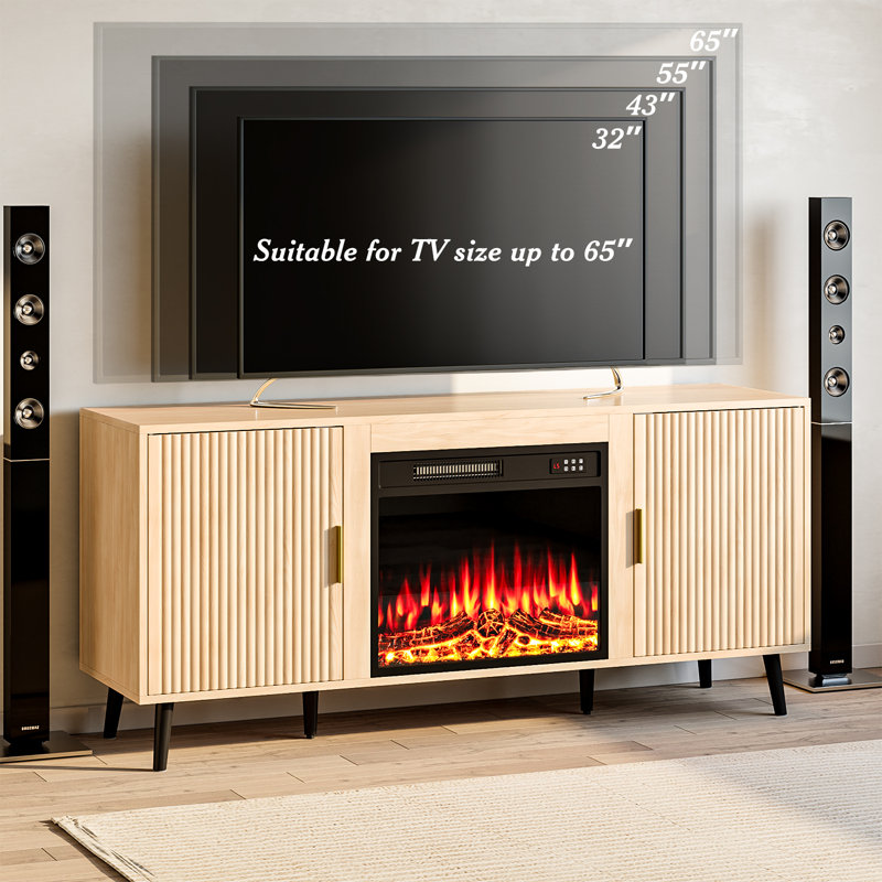 Midcentury Modern TV Stand with 23-Inch Fireplace, Natural