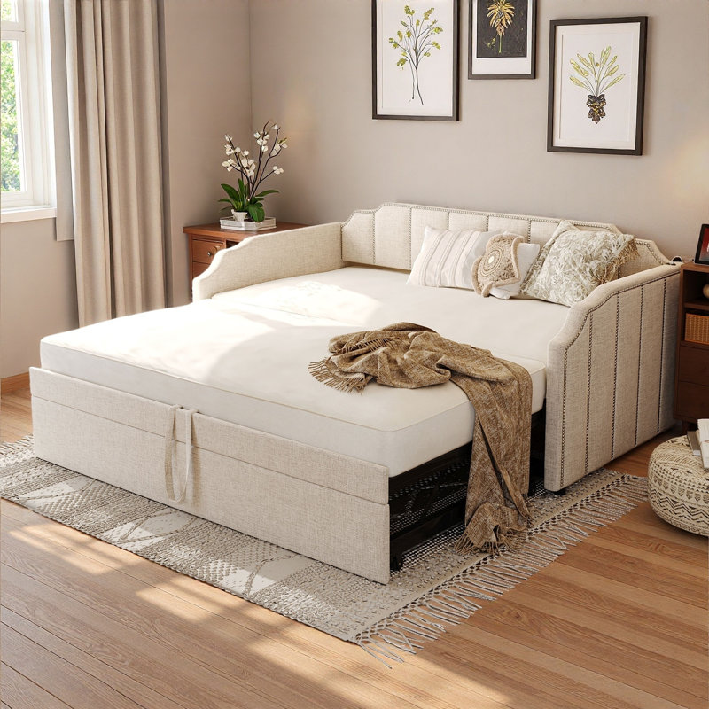 Lit de jour rembourré avec couchette escamotable et ports de chargement USB, Beige