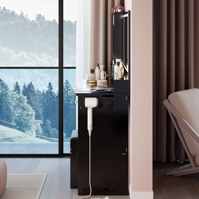 41" Large Size Left Drawer Desktop Vanity Table+Cushioned Stool Dresser Set, 2 AC+2 USB Power Station, Hair Dryer Stand, Extra Large Touch Control LED Mirror, 3-Color Switch, EPA, GCC, UL Certificate