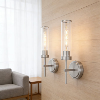Modern Wall Sconces Set Of 2, Brushed Nickel Bathroom Vanity Light Fixtures With Clear Glass, Hardwired Wall Mount Lighting For Living Room, Bedroom, Hallway