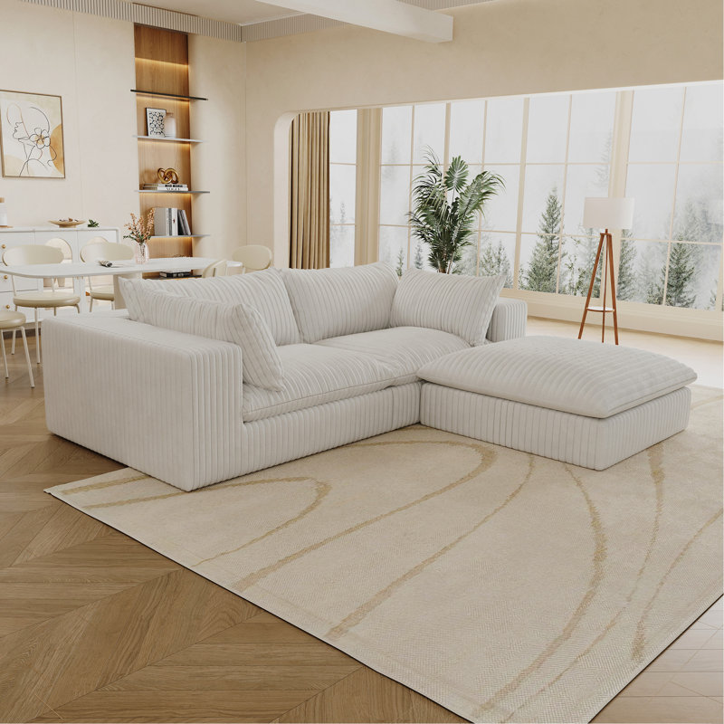 Corduroy Fabric loveseat with soft cushion and ottoman, White