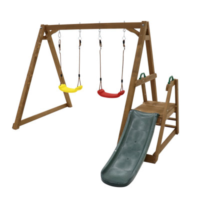 Balançoire d'arrière-cour - aire de jeu extérieure 2 en 1 avec glissade et corde d'escalade, bois massif, 3 à 10 ans, glissade de 120 cm, pieds robustes, poutre large, supports de coin solides, stable, bois 98,8 L x 94,5 l 65,9 H