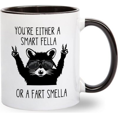 You're Either A Smart Fella or Smella Coffee Mug - Retro Cartoon Meme Gifts for Best Friend - Funny Raccoon Birthday Presents for Husband Wife - 11 oz Novelty Cup