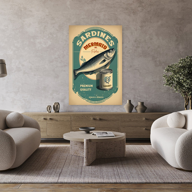Art mural rétro, rétro, sardine et poisson, H 48 po x l 32 po