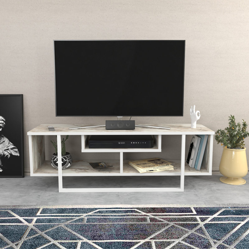 Meuble télé moderne blanc de 47,2 po x 13,9 po x 15,8 po | 100% panneau de particules enduit de mélamine, épaisseur: 0,7 pouce | Conception élégante en marbre, solution de rangement durable et élégante pour les espaces de salon et de divertissement