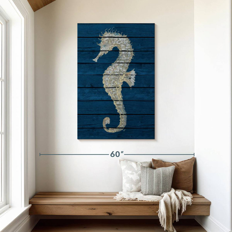 Hippocampe antique Brampt sur bleu II, H 45 po x l 30 po