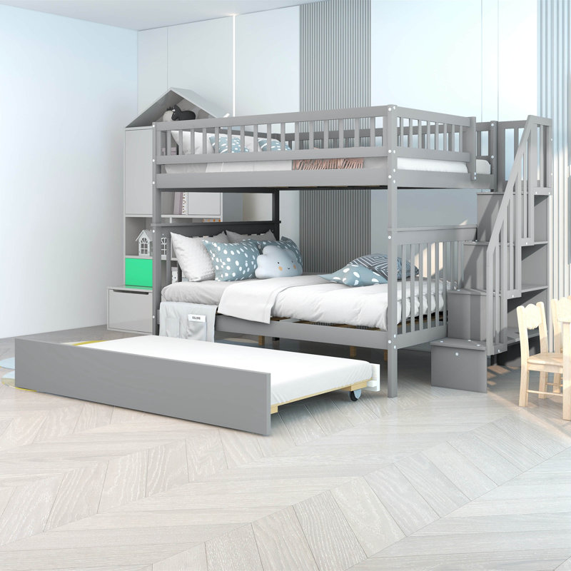 Lit superposé avec lit gigogne, lit superposé double au-dessus de double avec rangement, gris