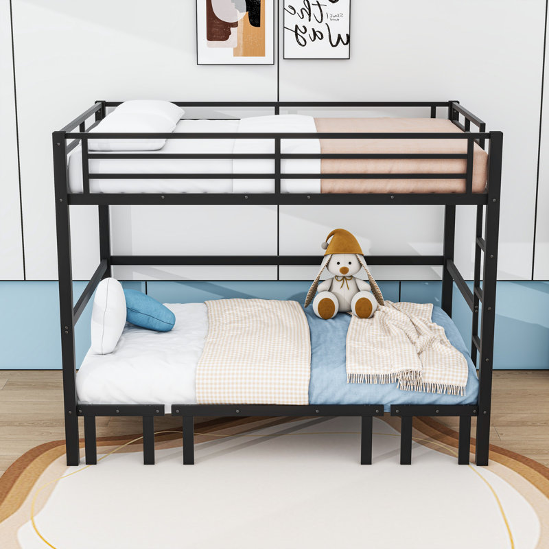Metal Bunk Bed with Full Rail Top, Pull-Out Lower Bunk, and U-Shaped Sofa Design, Queen Over Queen