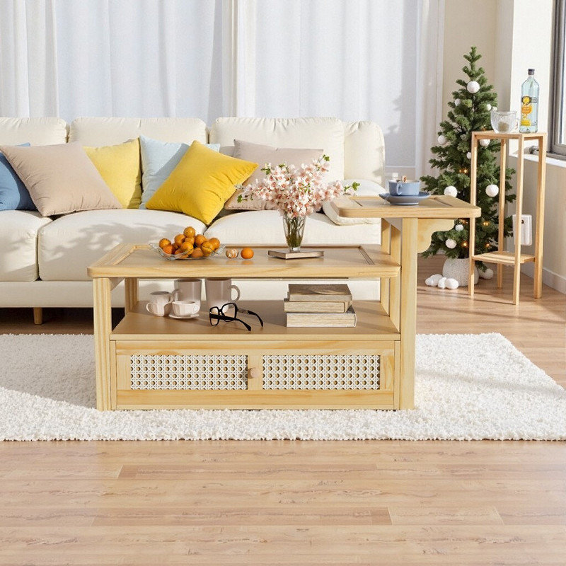 Table basse 38,5 W en panneau de fibres à densité moyenne avec tiroir réglable en rotin et 2 plateaux pour le salon, Naturel