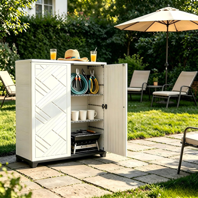 10 cu.ft Outdoor Storage Cabinet – 34.1" W x 33.5" H x 15" D Waterproof Resin, No Shelf Inside for Office/ Mops/Brooms/Ladders – UV Resistant for Patio, Garden, Poolside, Balcony Corner – Easy Assembly