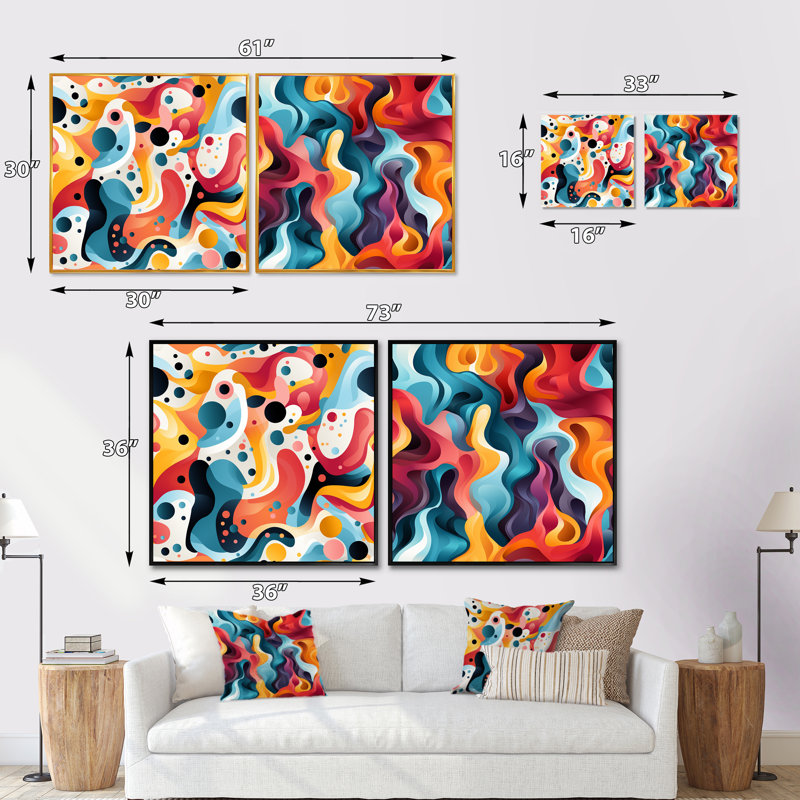 Ensemble de 2 collages carrés colorés, H 16 po x l 33 po, Cadre flottant doré