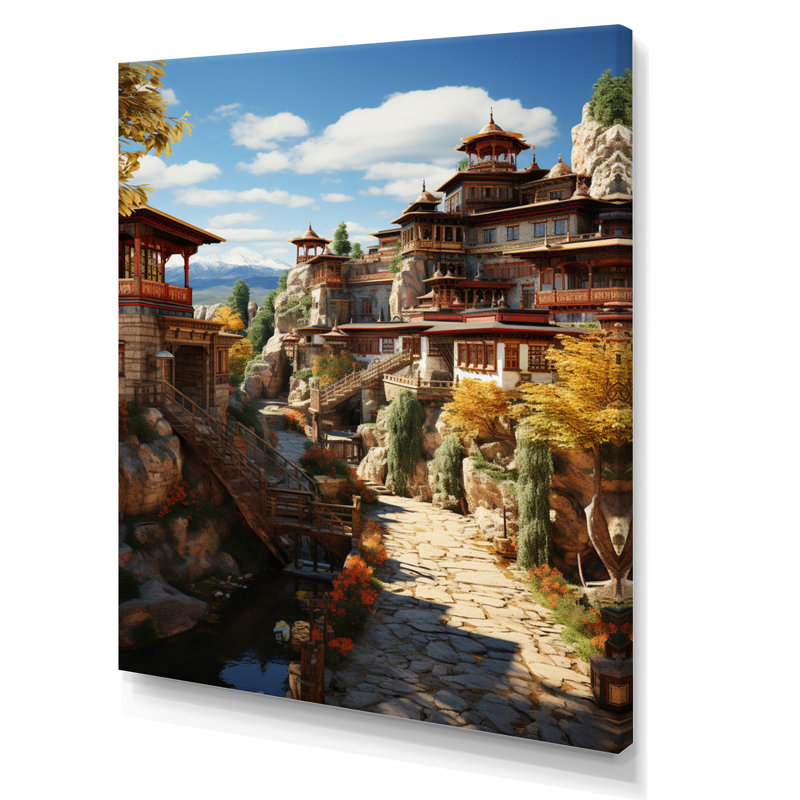 Art asiatique, monastère tibétain IV sur toile, H 32 po x l 24 po x P 1 po, Toile tendue