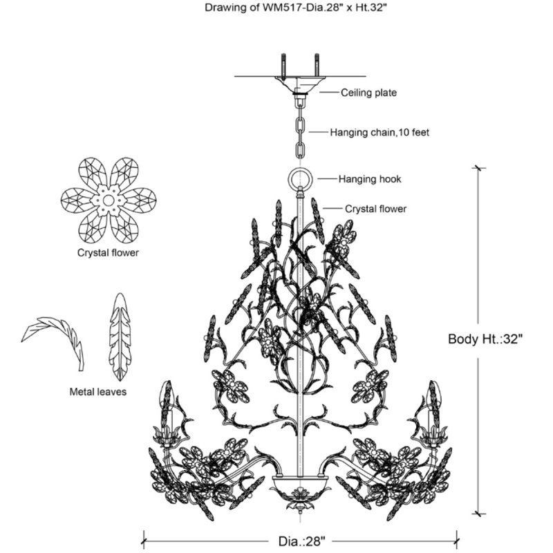 Lustre Fleville, 42 po de largeur x 46 po de hauteur, Gelé, Laiton
