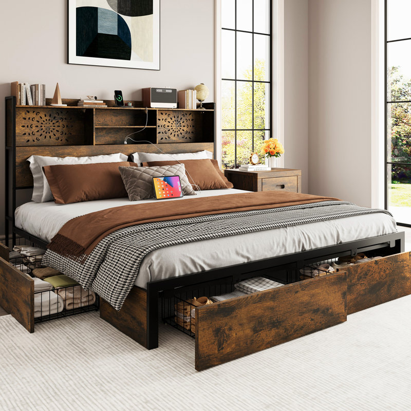 Vintage Carved Bed With 6 Drawers, Modern Bed With Charging Station & Led Lights, Queen, Brown