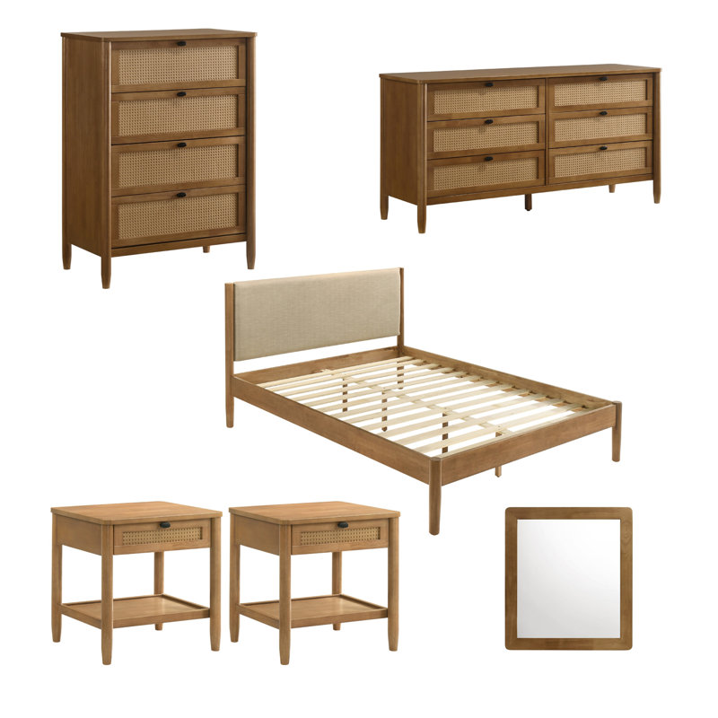 Ensemble de chambre à coucher 6 pièces en bois d'hévéa avec commode, miroir, table de chevet et commode Vichy