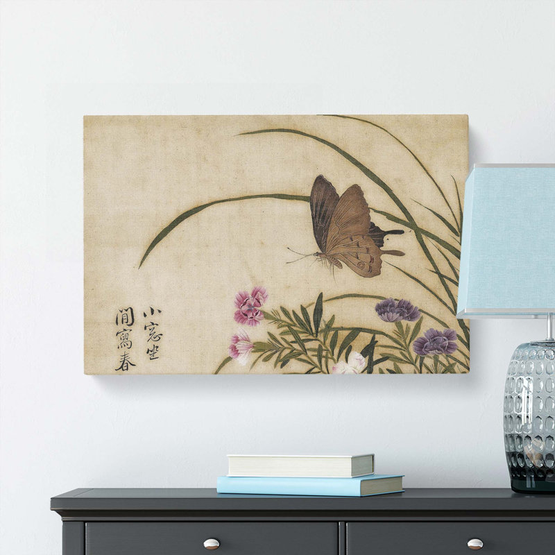 Butterfly & Flowers by Yun Shouping - Wrapped Canvas, 35cm H x 50cm W x 3cm D