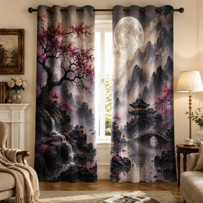 Ensemble de 2 rideaux « Cascade japonaise au clair de lune », imprimé paysage zen oriental traditionnel, à œillets, occultants et isolants thermiques pour le salon (Home Dector).