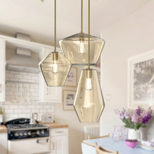 Modern 3-light Champagne Gold Chandelier Cognac Glass Shade Pendant