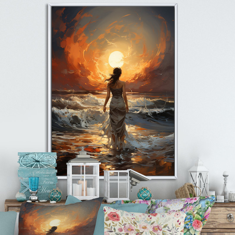 Costal Woman Sunset - impression, H 20 po x l 12 po x P 1 po, Cadre flottant blanc