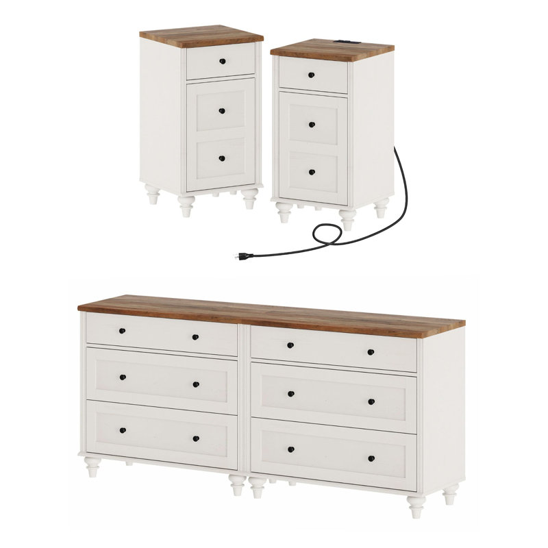 2 Piece Bedroom Set, Two-In-One 6 Drawer Dresser & Set Of 2 Nightstands, White