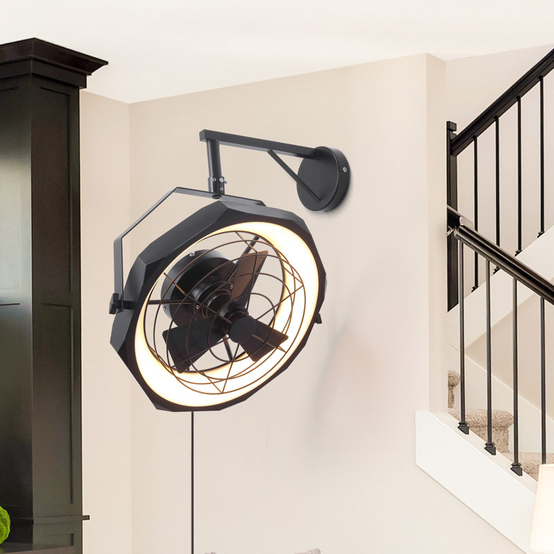 Ventilateur mural 20,5 "noir à DEL avec télécommande, 6 vitesses, réversible, 3 couleurs d'éclairage, à intensité variable, silencieux, inclinable à 360 °, pour l'intérieur / l'extérieur couvert