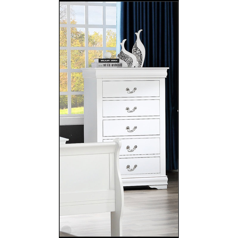 Commode 1 pièce Louis Philip à cinq tiroirs avec finition blanche, bois massif, design contemporain, rangement spacieux, élégant et durable