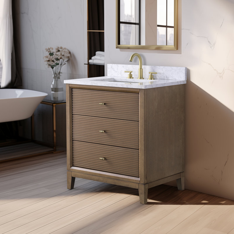Caldwell 30" Single Sink Freestanding Bathroom Vanity with Engineered Marble Top, Walnut, Golden Brushed, Arabescato White