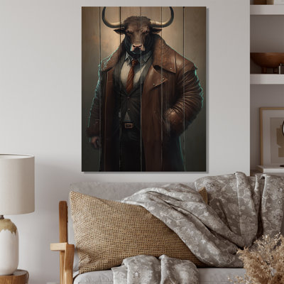 Taureau avec une élégante veste en cuir brun III - animaux, art mural en bois de taureau - bois de pin naturel