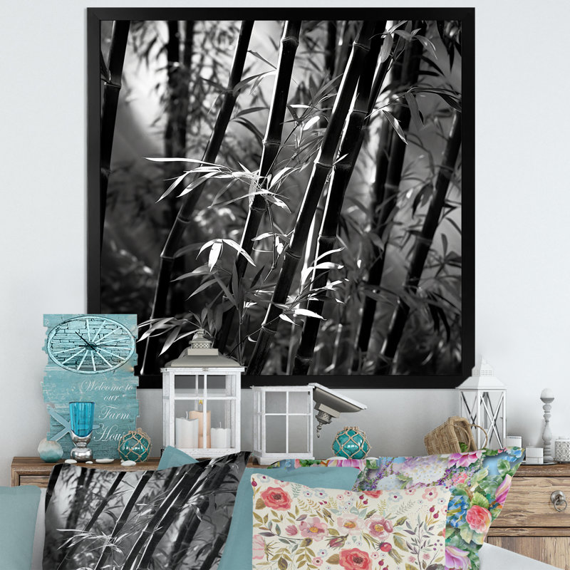 Forêt de bambou monochrome - salon d'art mural en bambou_106664, H 16 po x l 16 po x P 1 po, Cadre simple noir