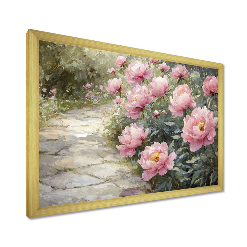 Pivoines le long du sentier du jardin I - Pivoines, art mural de salon, Reproduction encadrée d'une seule photo, Doré