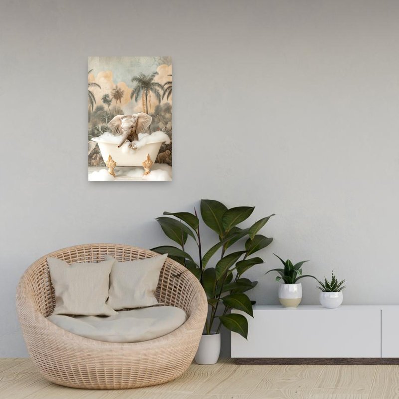 «Little Elephant Bubble Bath Playful Serene Elephant Nature Tropical», reproduction d'art mural, H 24 po x l 16 po
