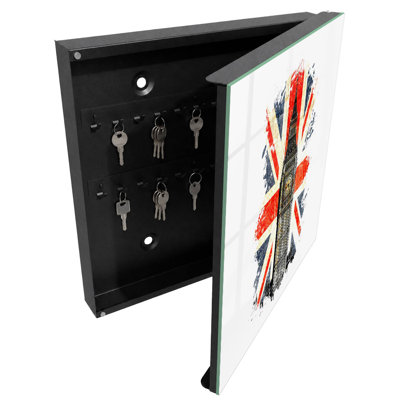 Decorative key box for wall, Opens to the right, 30x30x5, White, The clock tower with the British flag in the background, 