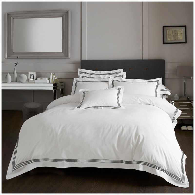 Cotton Blend Bedding with Pillowcases Included, White/Charcoal, Super King Duvet Cover + 2 Standard Pillowcases