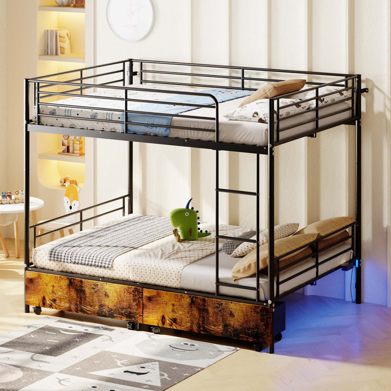 Lit superposé en métal polyvalent avec chargement USB, barrière de sécurité et conception en deux parties, Noir / bois