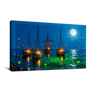 Nautical & Beach Moonlit Sea Boats Glowing Fireflies Night Scene