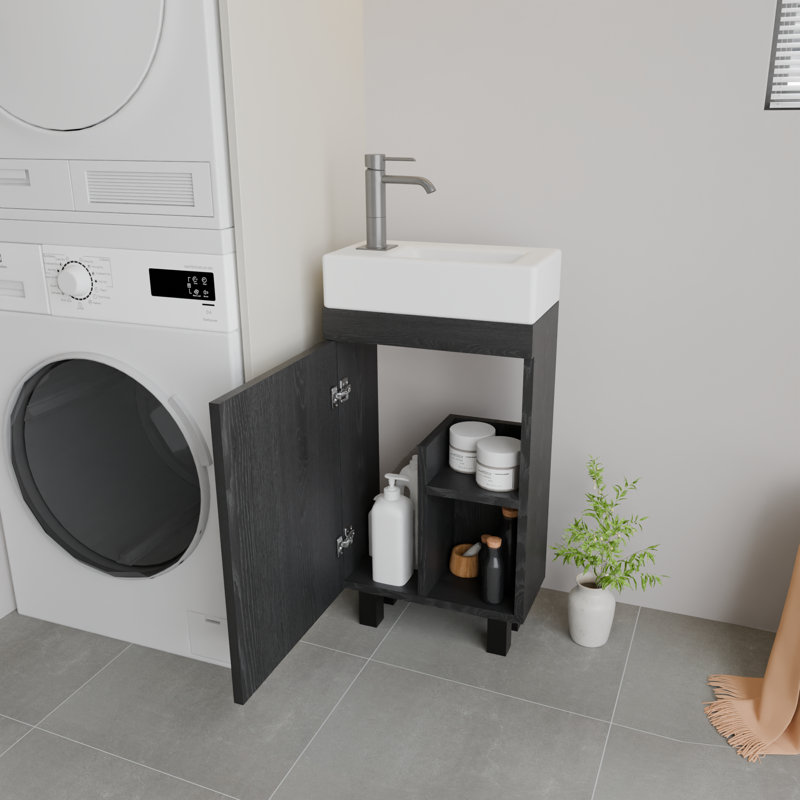 Petit meuble-lavabo autoportant 16 po avec lavabo en céramique encastré et portes à fermeture en douceur | Idée cadeau